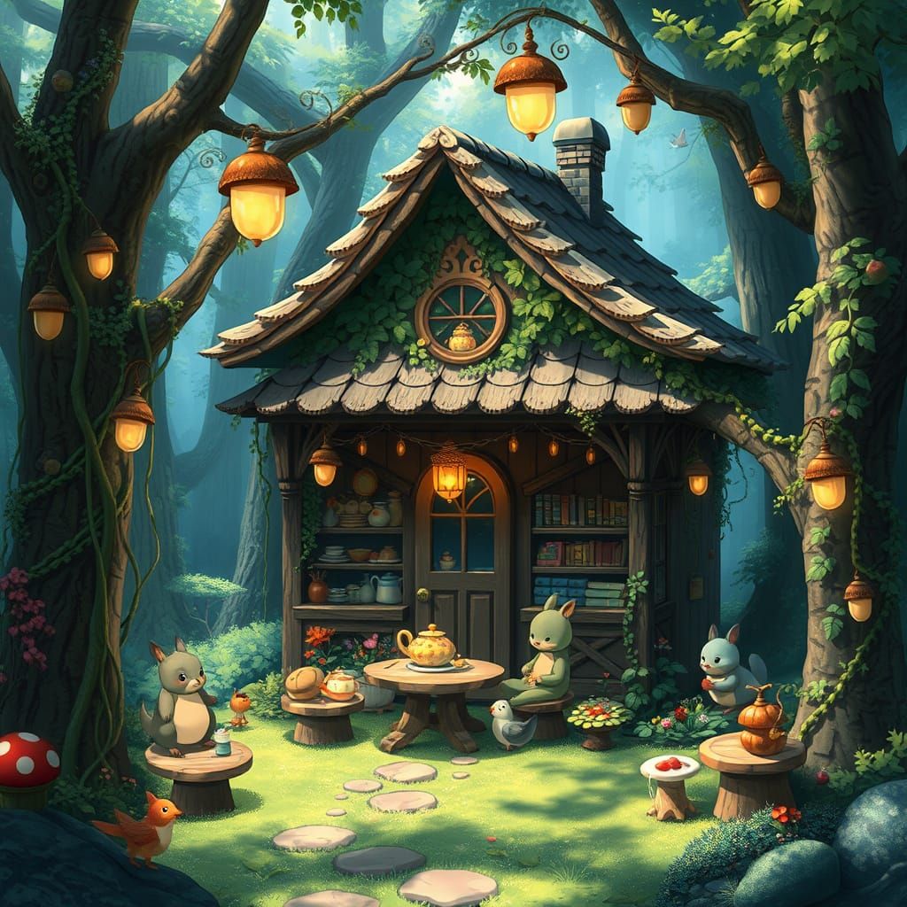 Whimsical Tea House in Enchanted Forest, Anime Style