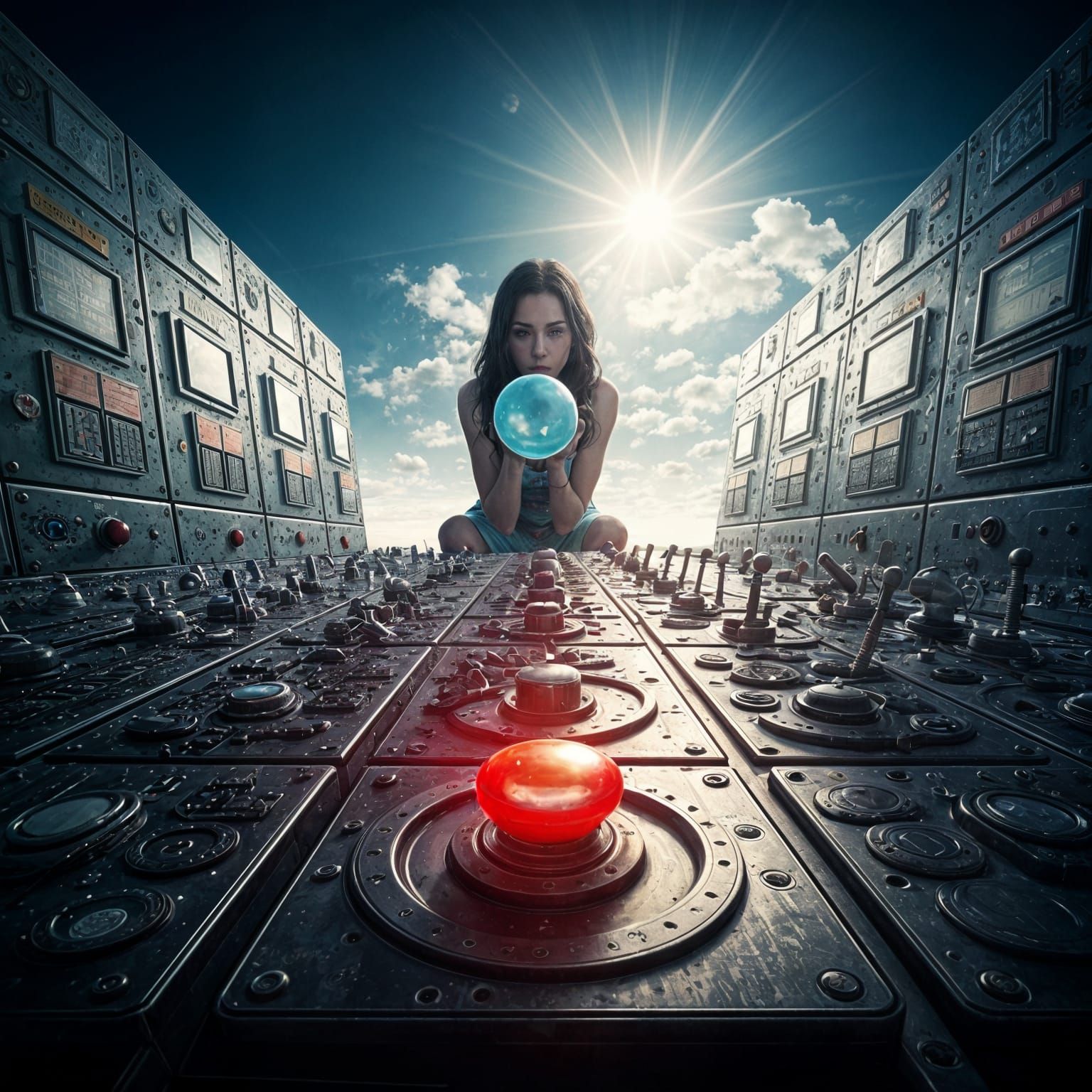 Surreal Machine Control Panel with Red Button and Blowing Wo...