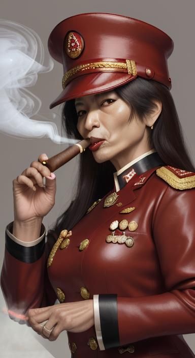 Asian Military Leader in Red Leather Uniform