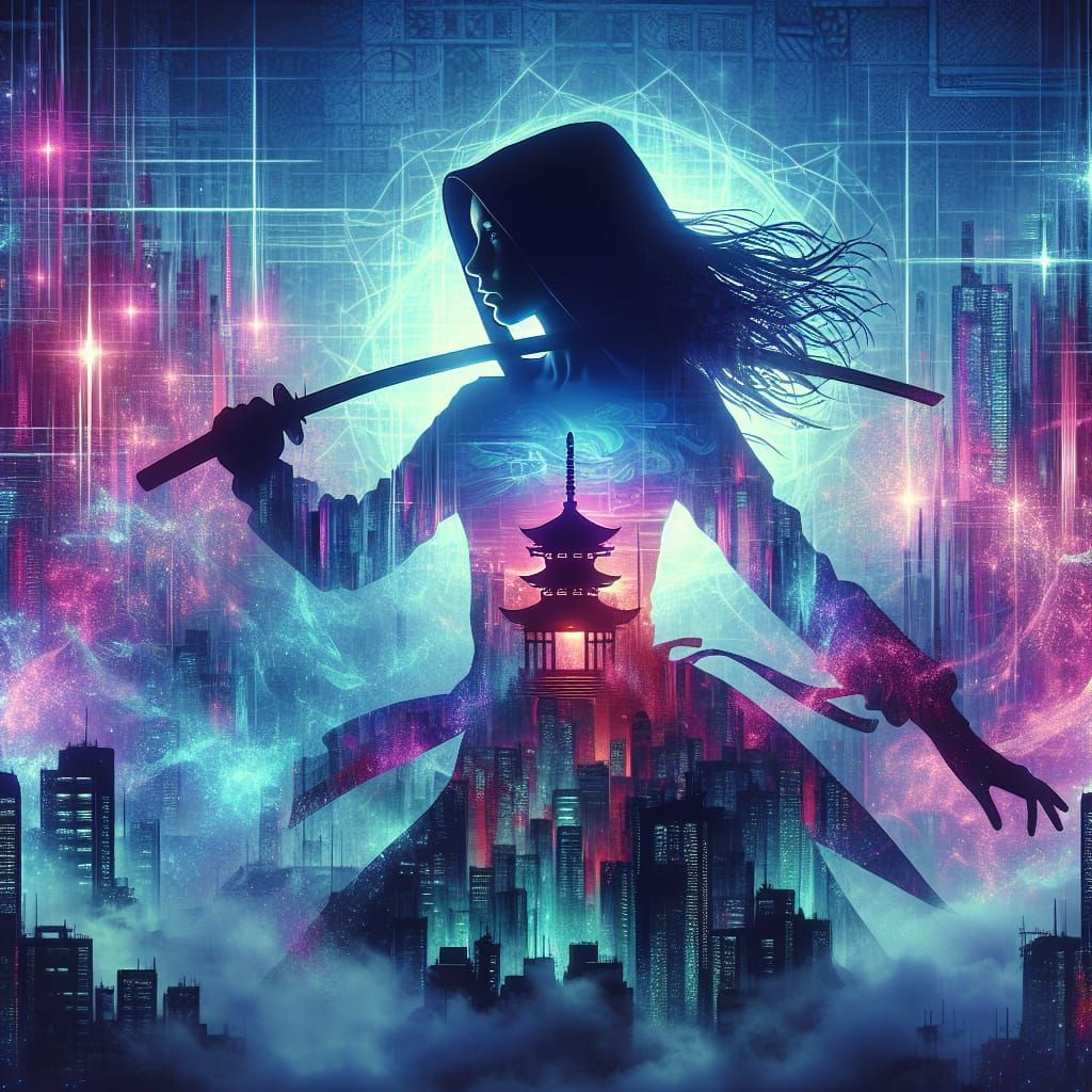 Neon City Assassin in Glitch Art Style