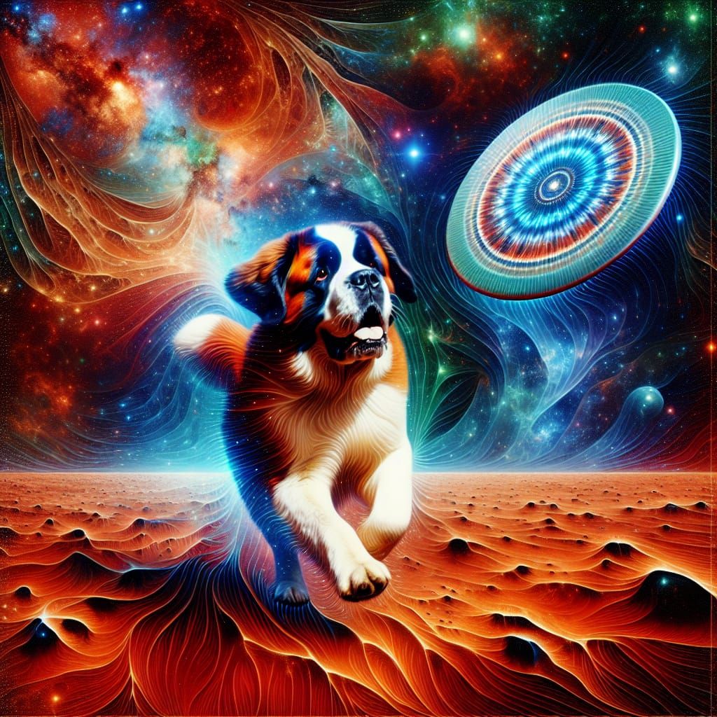 St. Bernard chasing a Frisbee on Mars