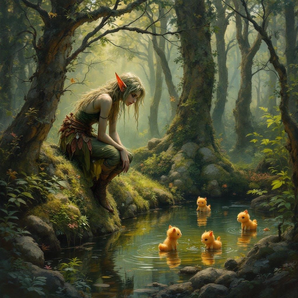 Whimsical Elf Watches Playful Creatures in Enchanted Forest