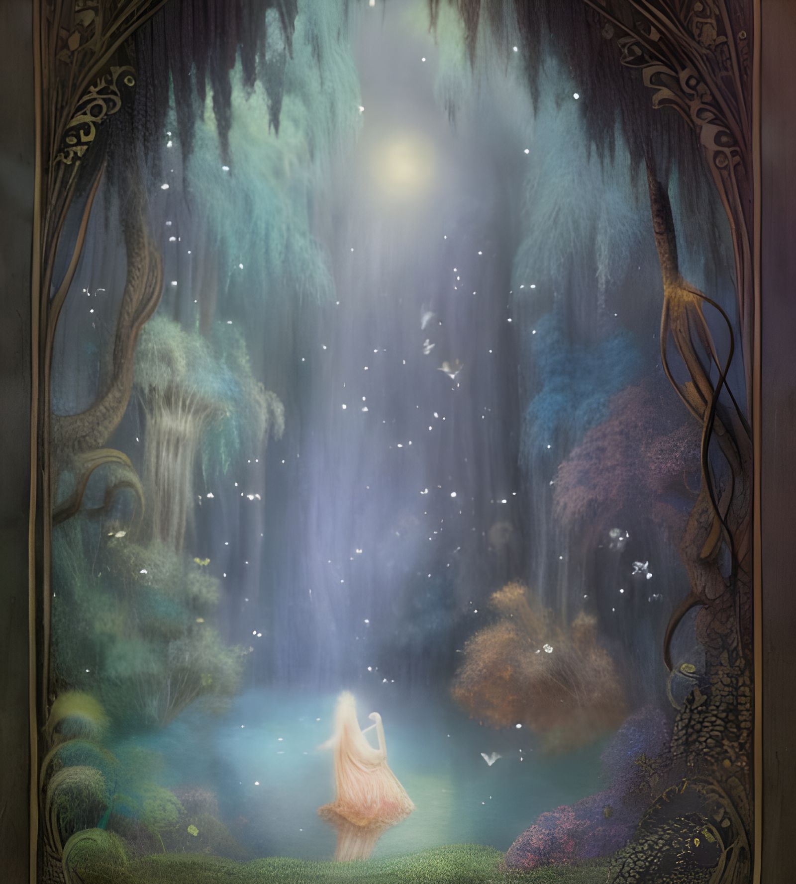 Magical Forest Waterfall with Crystal Sparkles