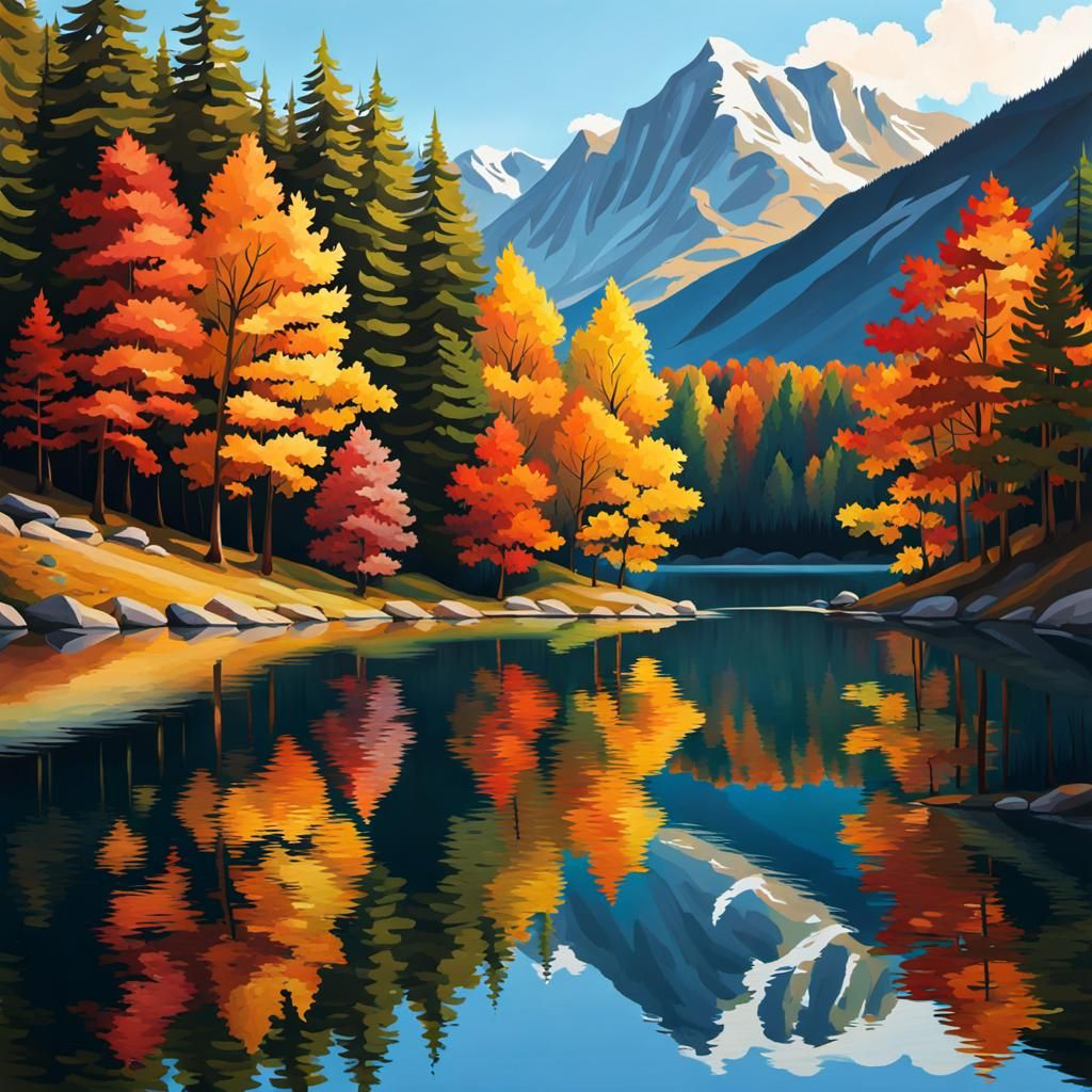 Autumn Leaves Reflected on Calm Mountain Lake
