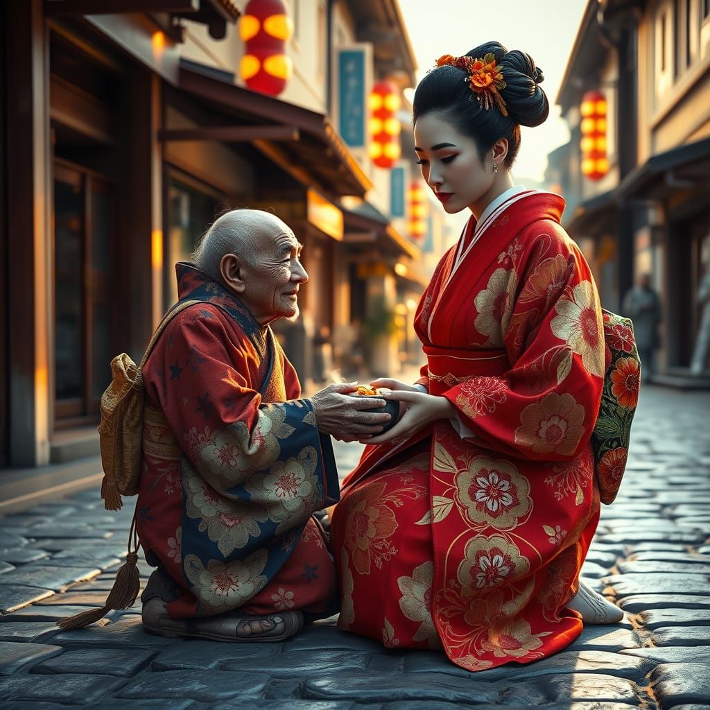 Compassionate Geisha Offers Aid to Aged Beggar in Traditiona...