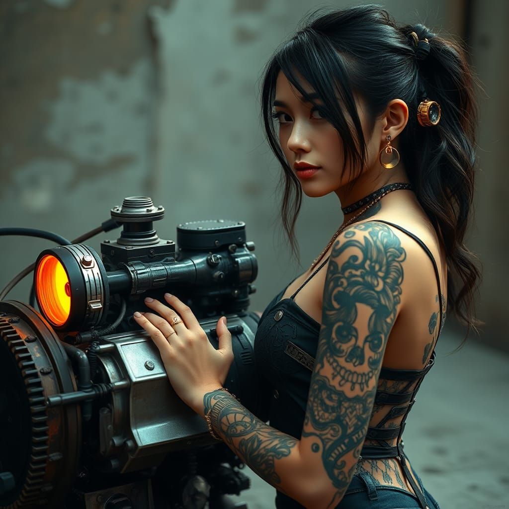 Steampunk Engine with Sci-Fi Asian Woman