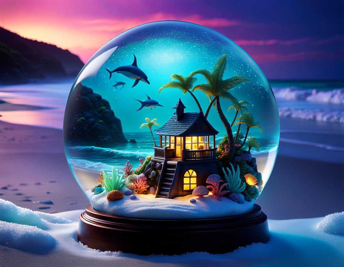 Electroluminescent Beach Fairytale in Crystal Snow Globe