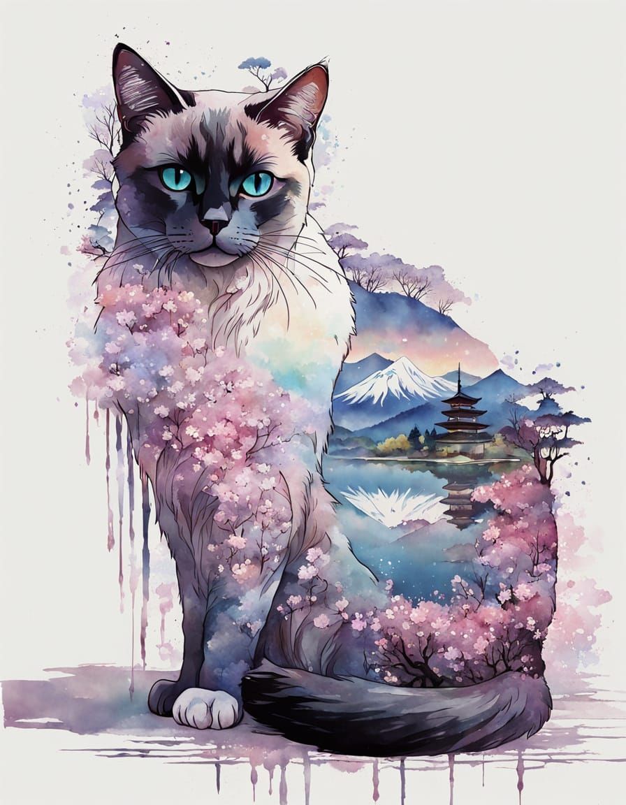 Siamese Cat with Japanese Landscape in Watercolor