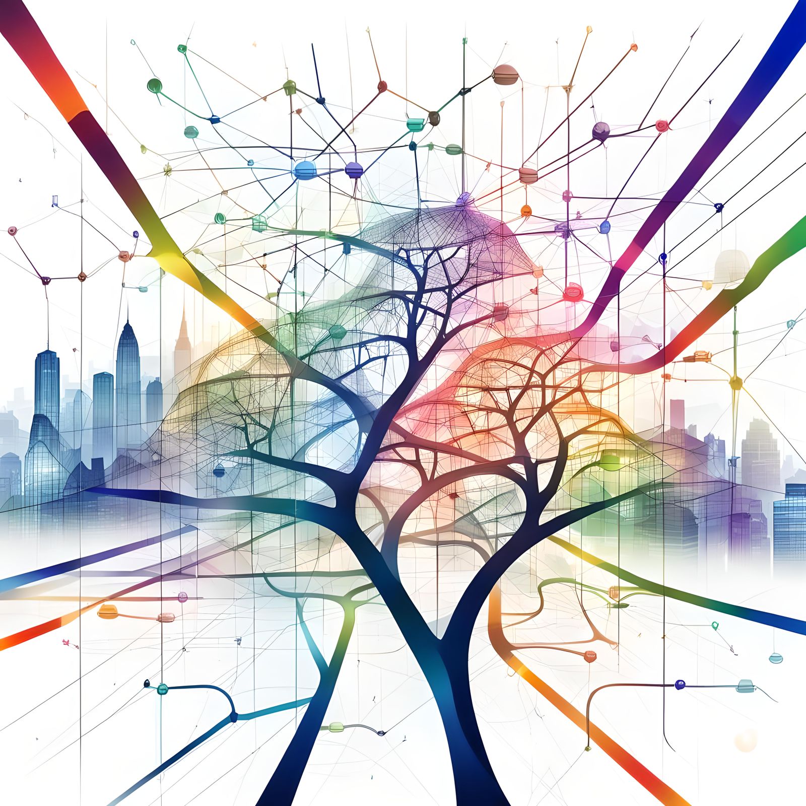 Technified Tree Bearing City Sketches in Cyberspace