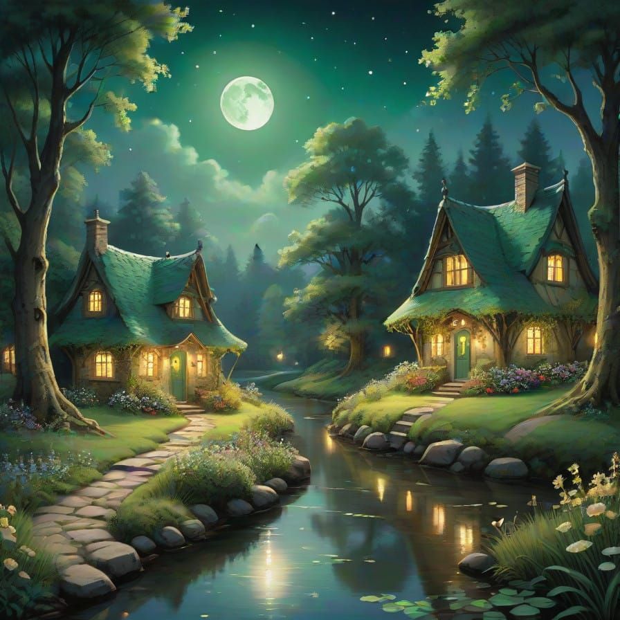 Whimsical Moonlit Forest Scene with Storybook Houses