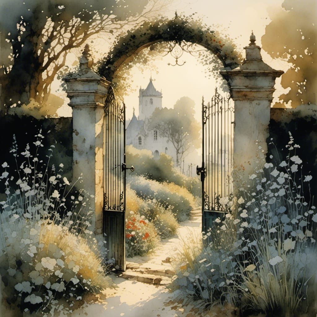 Garden Gate in Evening Haze: Watercolor Painting