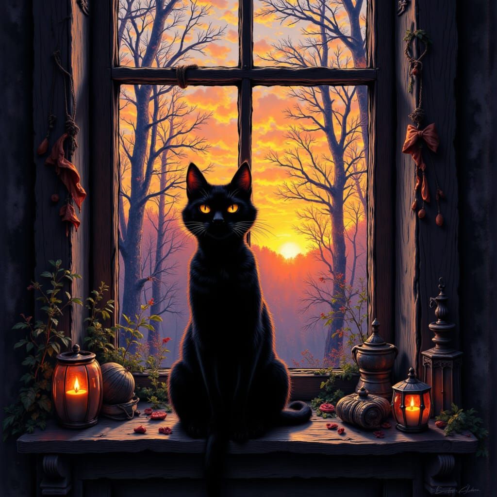 Witch's Cat Silhouette with Forest Sunrise
