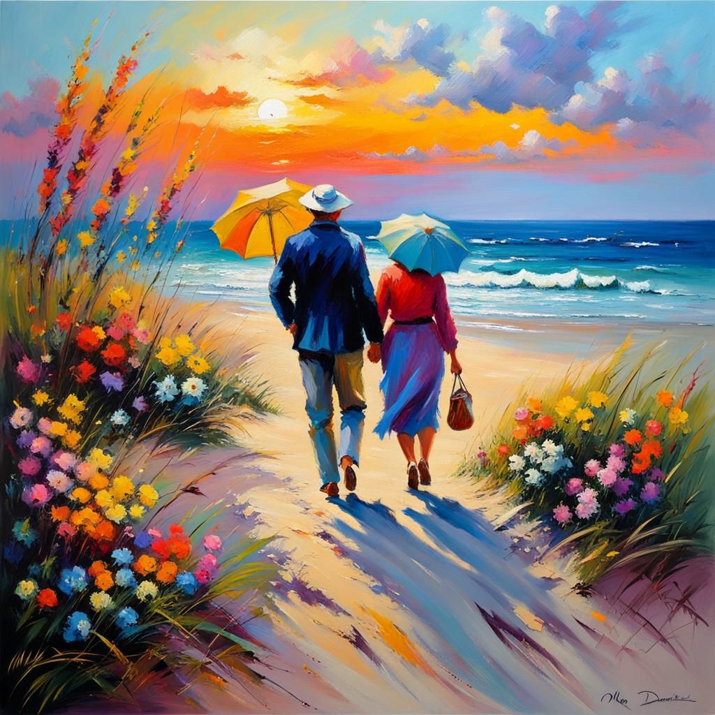 Romantic Beach Walk at Sunrise in Impressionist Style