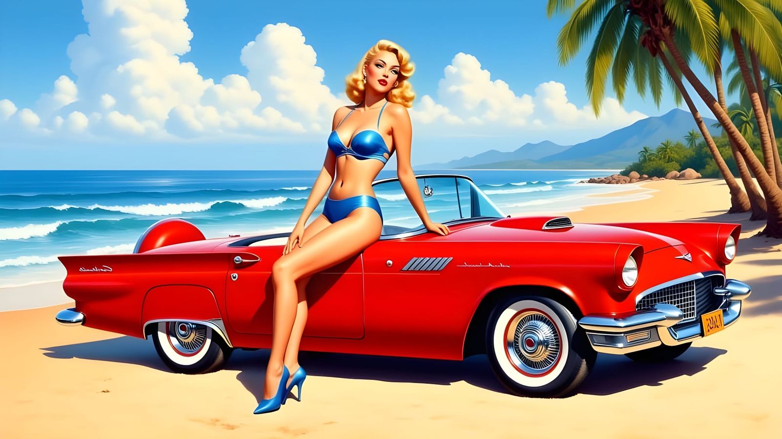 Blond Woman on Thunderbird: Classic Pin-Up Art