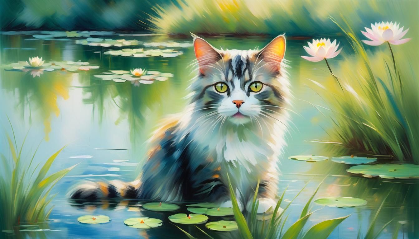 Impressionist Cat by Pond with Water Lilies