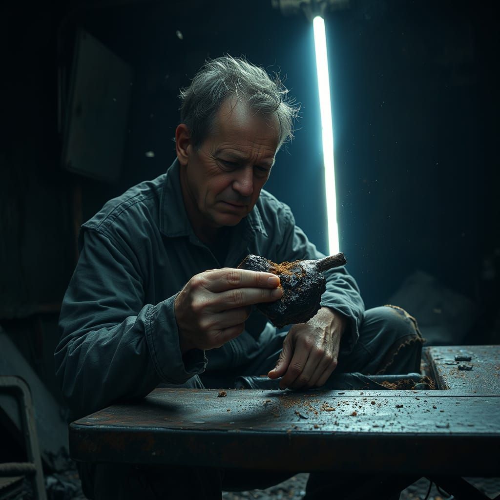 Subject: A middle-aged man, worn and ragged, sits slumped over a rusted metal table inside a desolate shelter. His torn ...