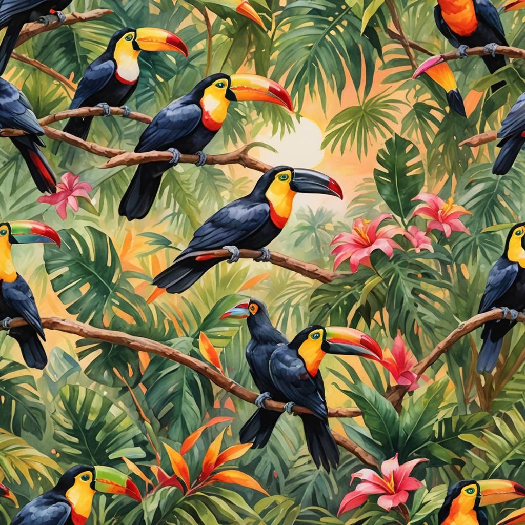 Toucans in Flight: Gouache Watercolor Impressionist Masterpi...