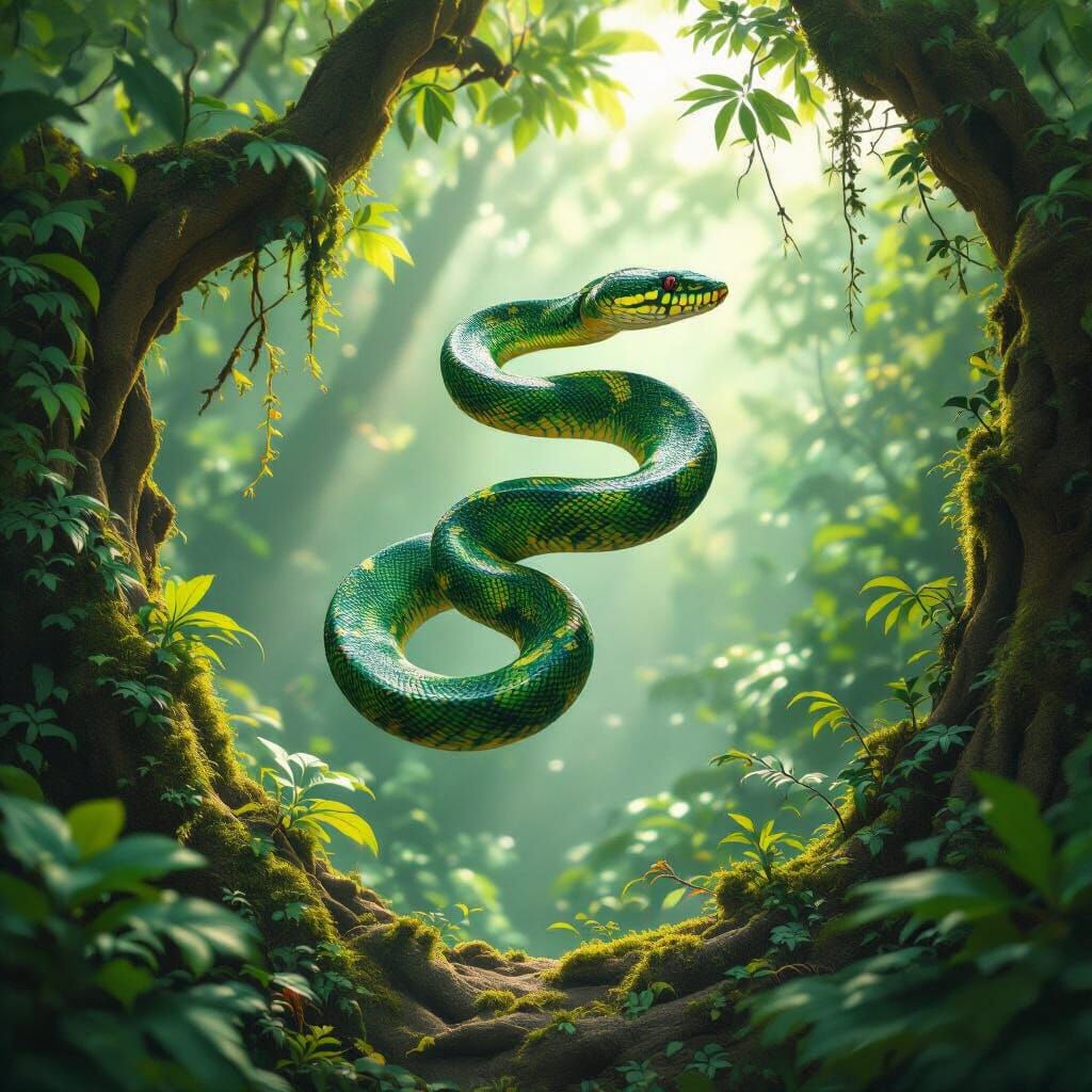 Vibrant Emerald Python Flying Between Jungle Trees