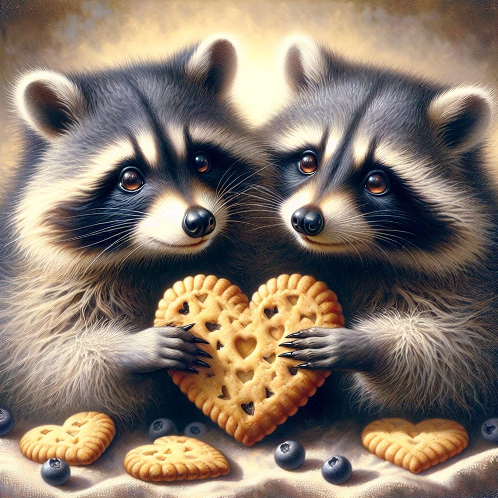Romantic Raccoons Sharing Heart-Shaped Treat in Traditional ...