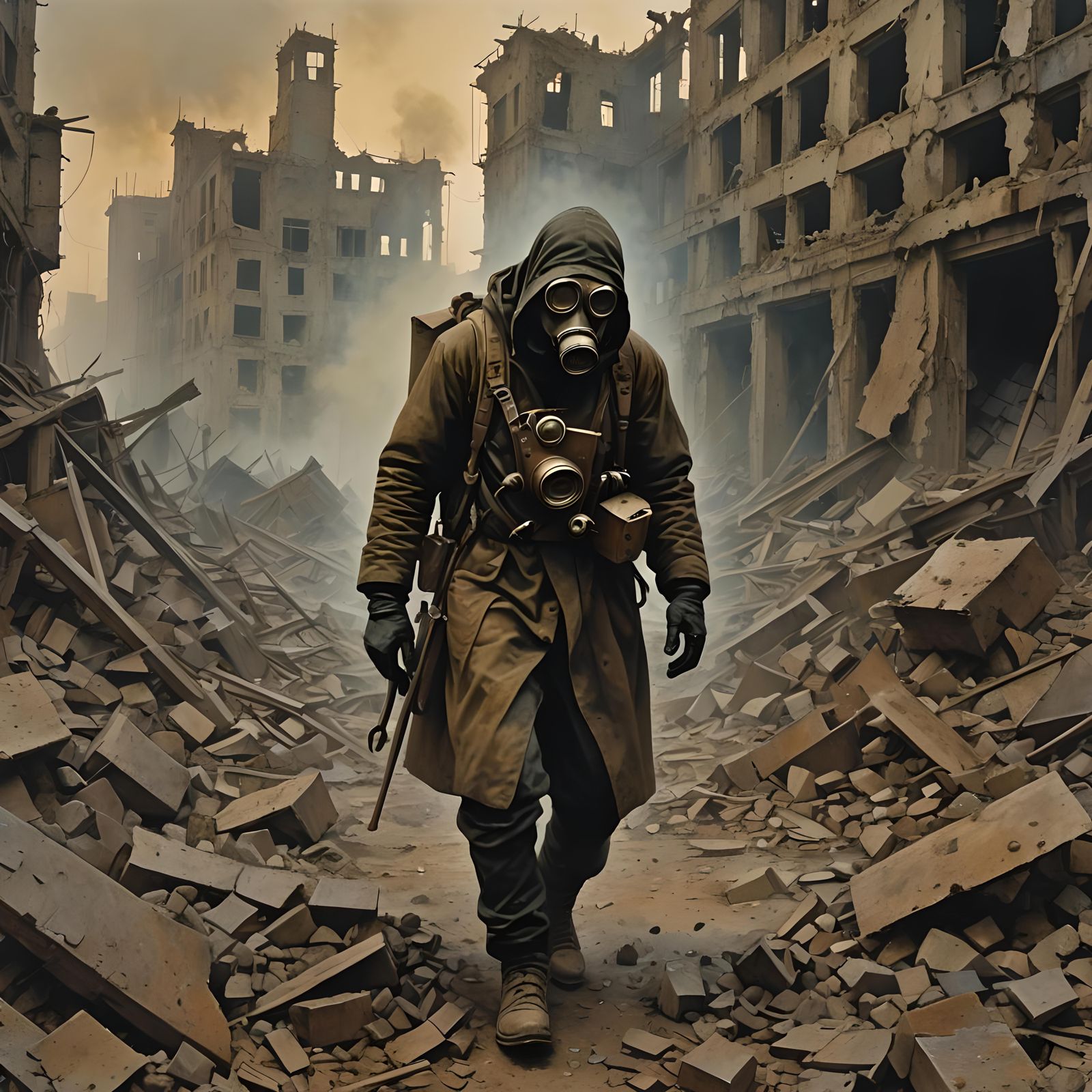 Dystopian Scavenger in Destroyed City, Dark Art