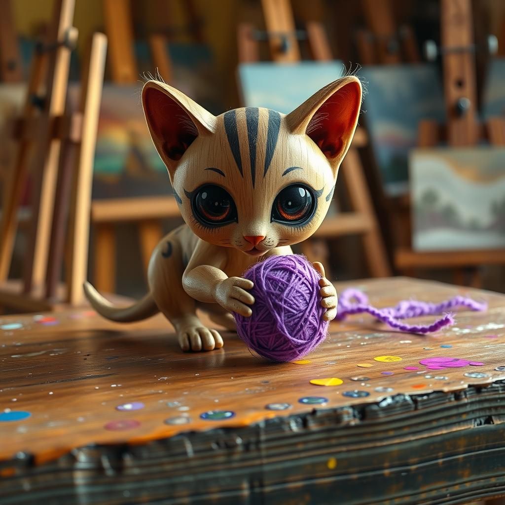 Photorealistic Hand-Carved Wooden Kitten Sculpture