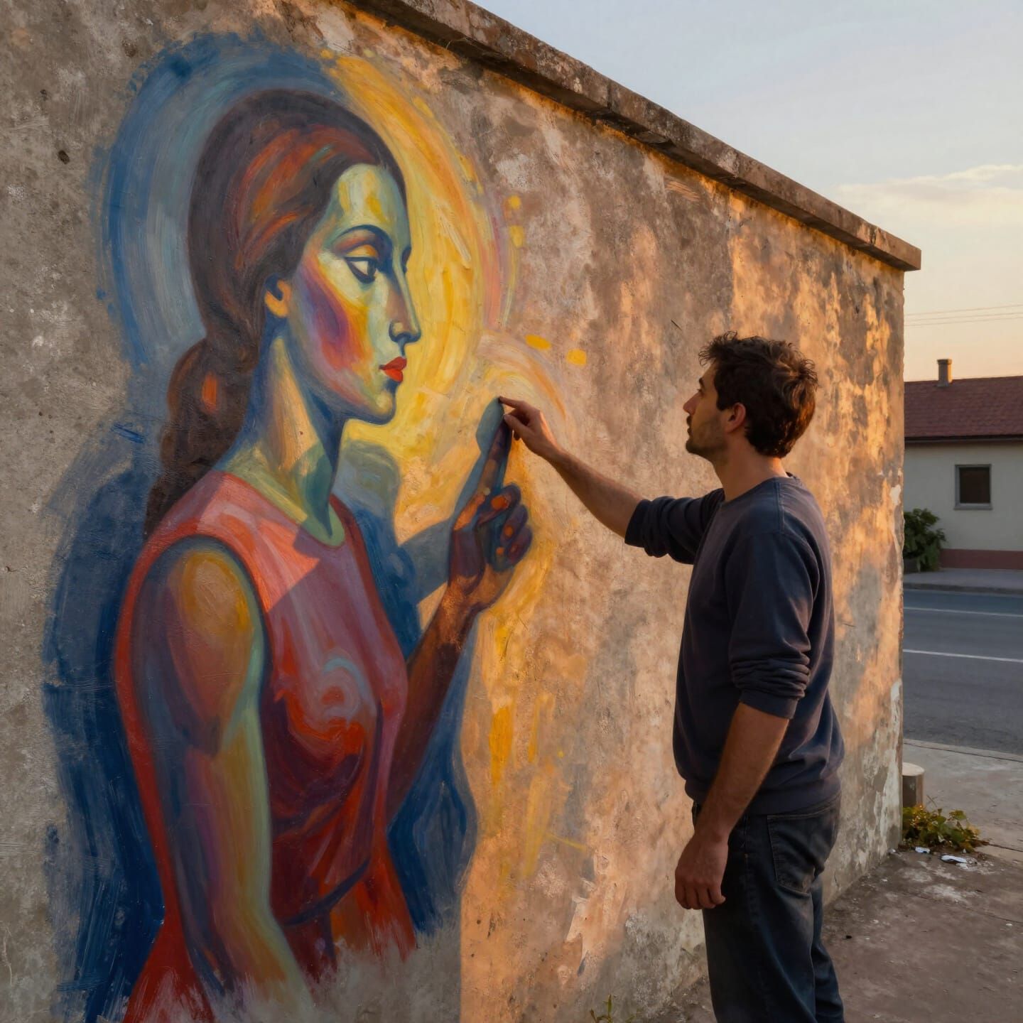 Man Touches Mural, Painted Figure Responds in Surreal Oil St...
