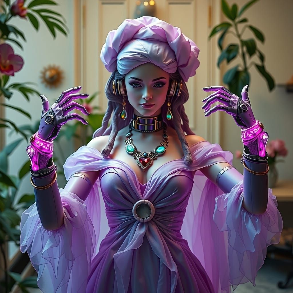 Glamorous Neo-Rococo Woman Dances in Whimsical Plant Room