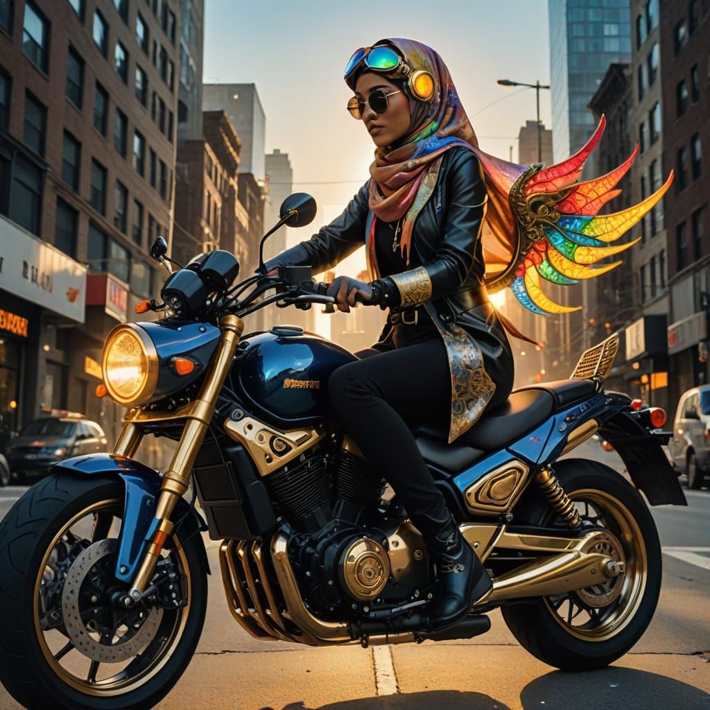 Hijab-Wearing Woman on High-Tech Motorcycle in Surreal Style