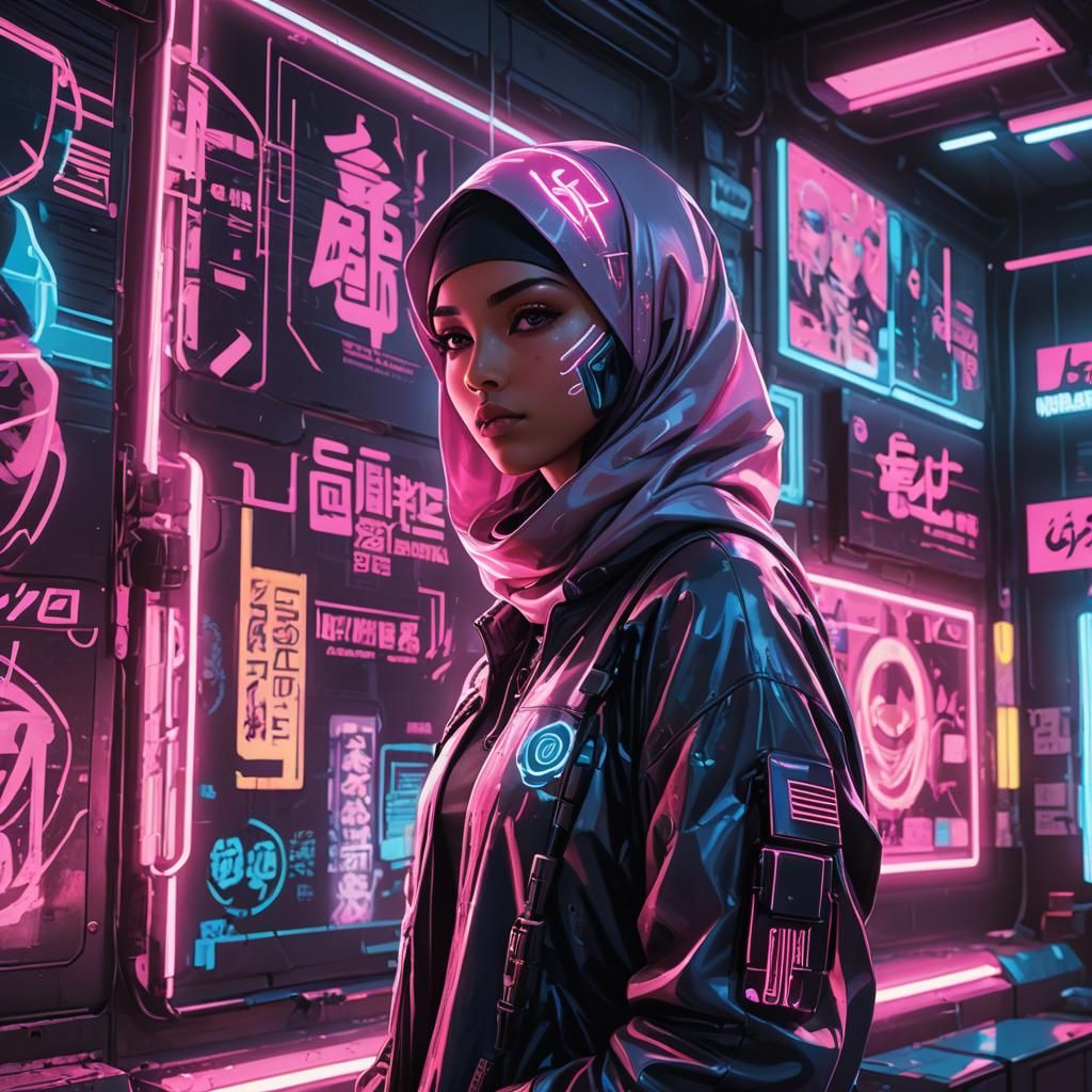 Cyberpunk Girl in Hijab Among Neon Posters