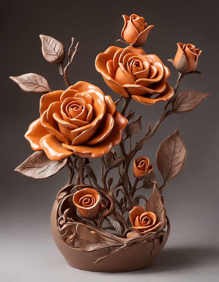 Earthy Clay Rose Sculpture in Vibrant Orange and Brown