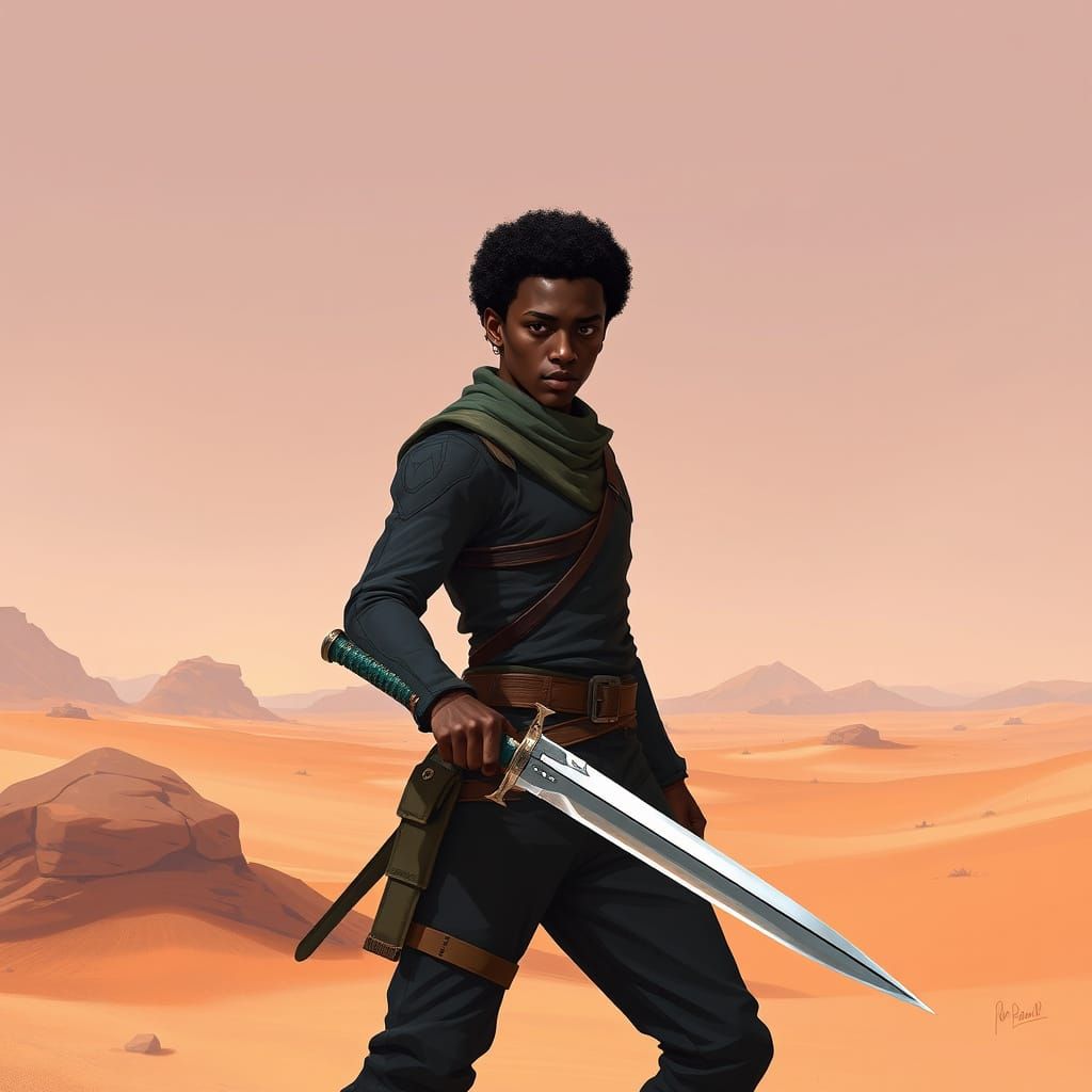 Paul Atreides as a Black Hero in Desert Landscape