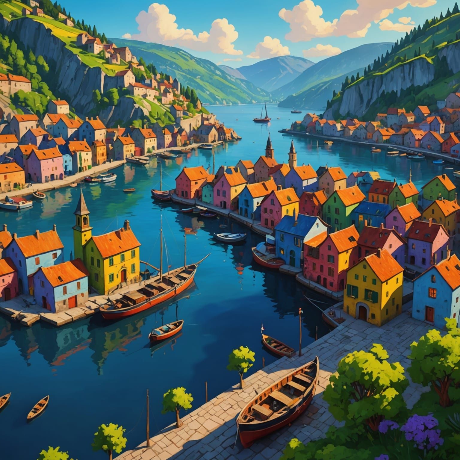 Colorful Village Harbor in Fauvist Style