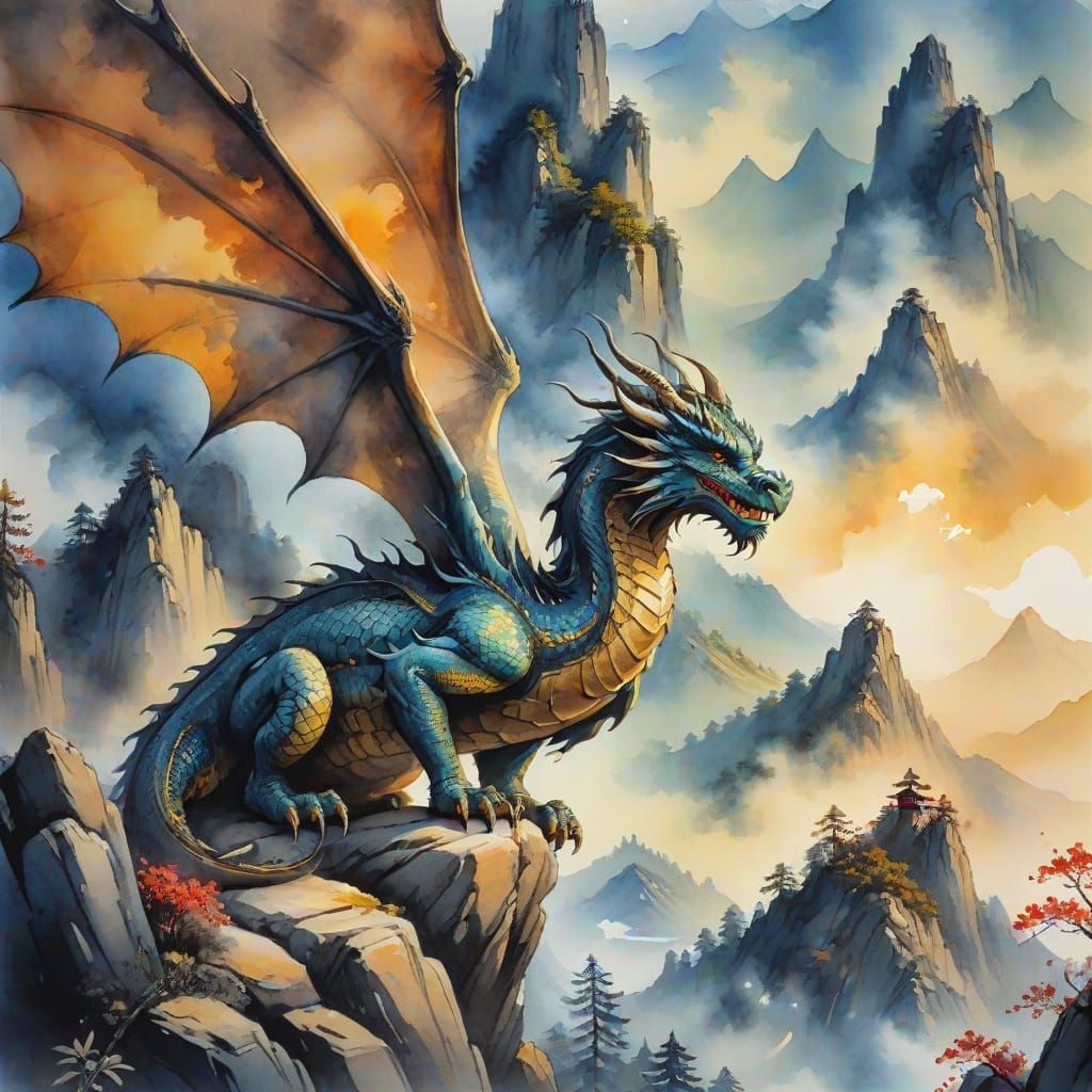 Serene Dragon on Misty Mountain: Gouache Ink Painting