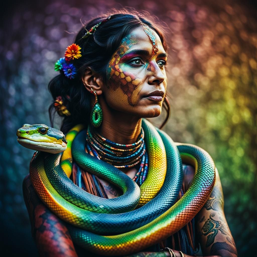 Rainbow Snake Charmer Portrait in Cinematic Style