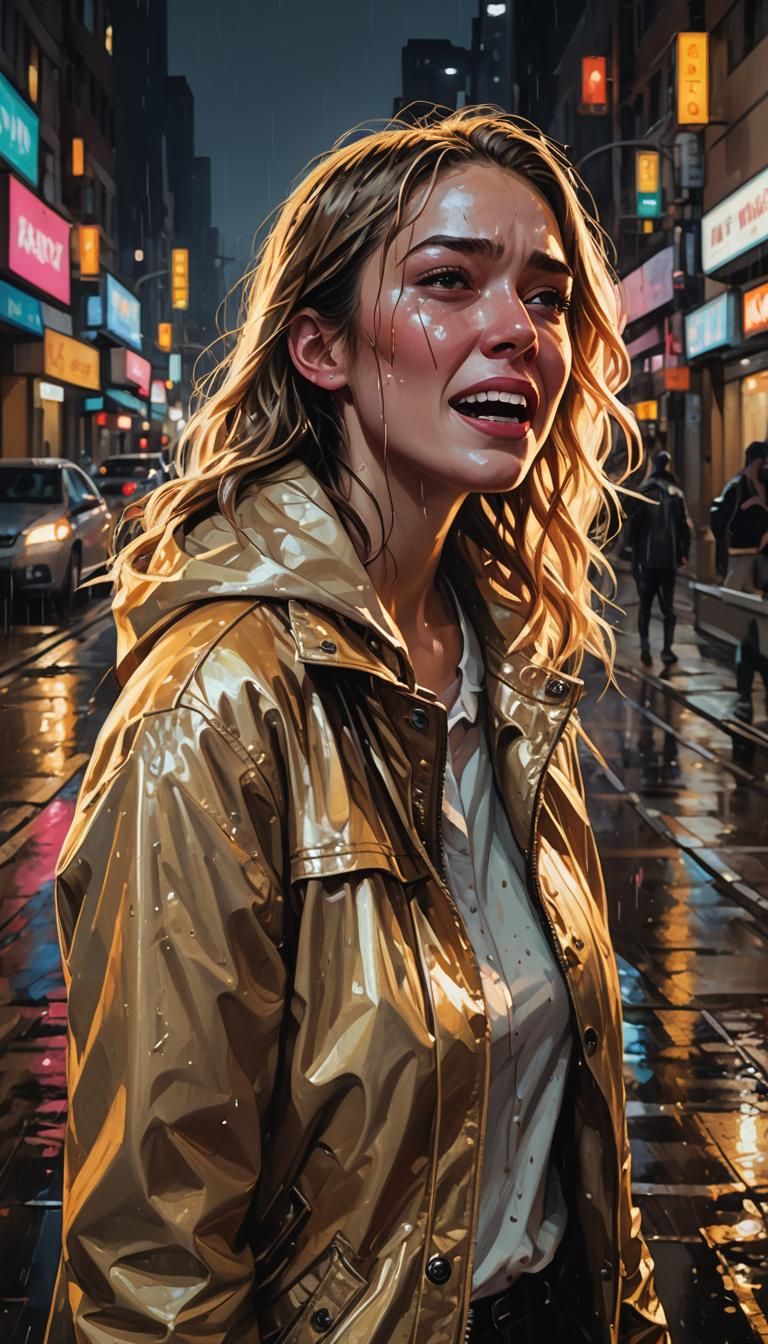 Woman Crying in Neon Cityscape: Hyperrealistic Illustration