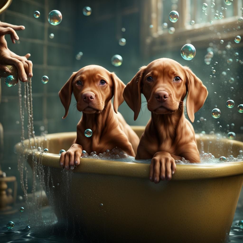 Vizsla Puppies' Bubbly Bath: Detailed Digital Painting