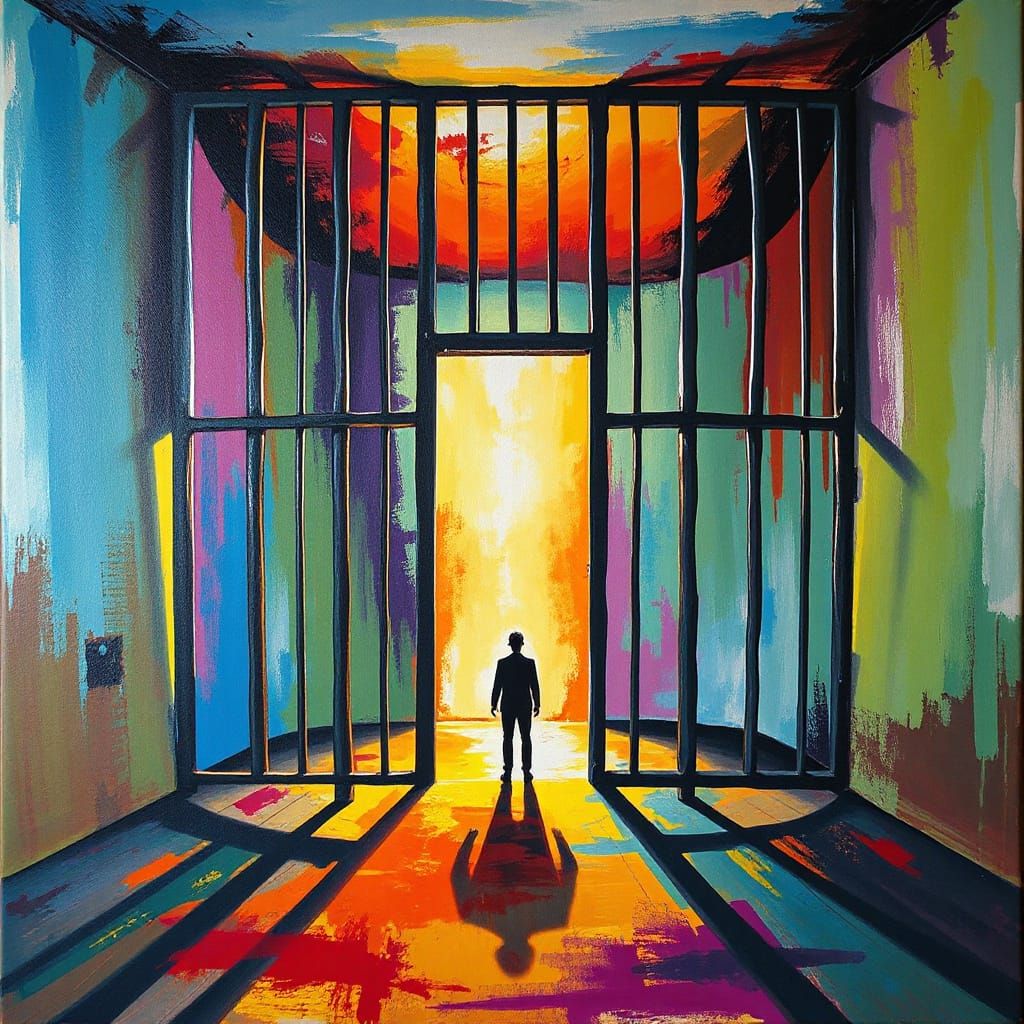 Surreal Prison Escape: Dissolving Bars in Vibrant Light