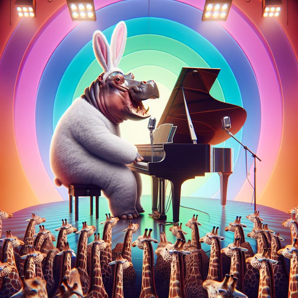 Hippos Playing Piano for Giraffes in Double Exposure