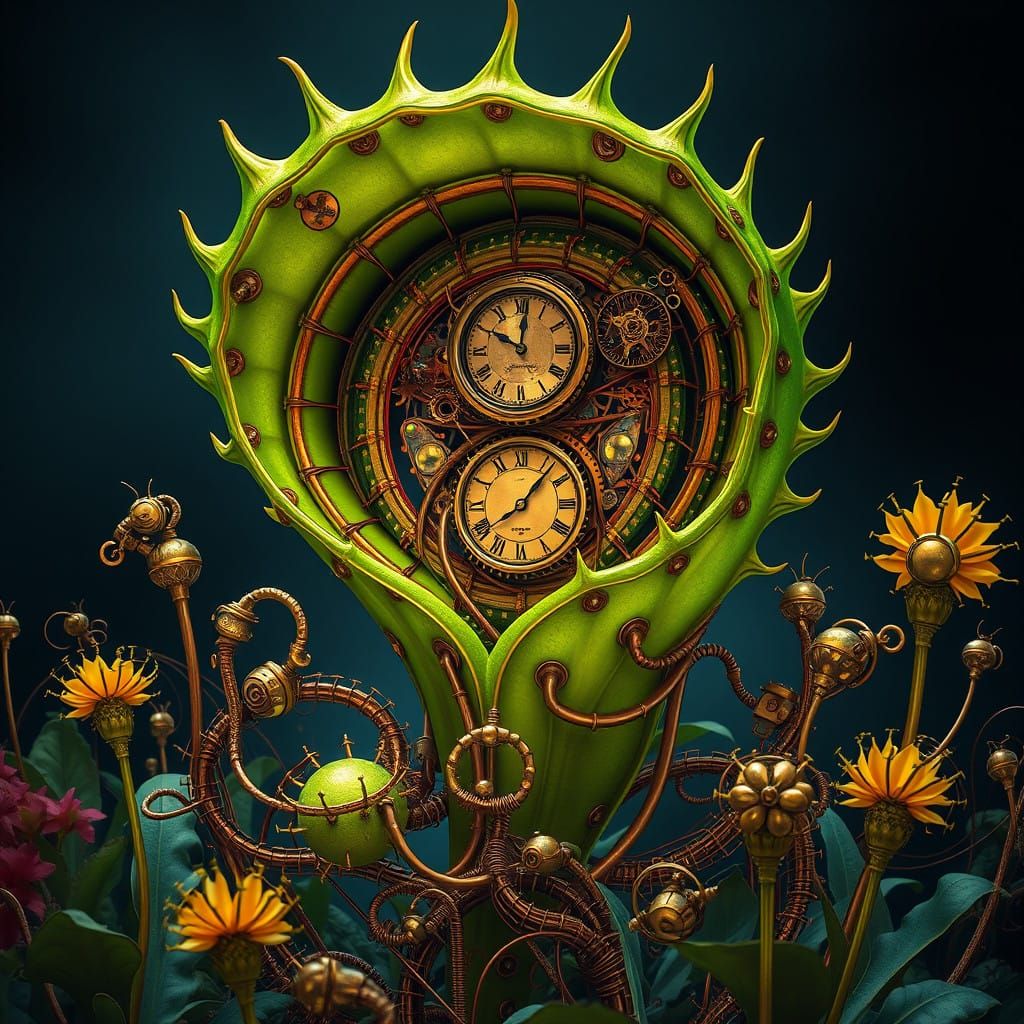 Clockwork Venus Flytrap in a Futuristic Steampunk Landscape