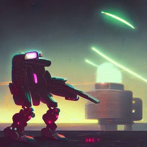 Cyberpunk Mech Fires Weapon in Synthwave Style