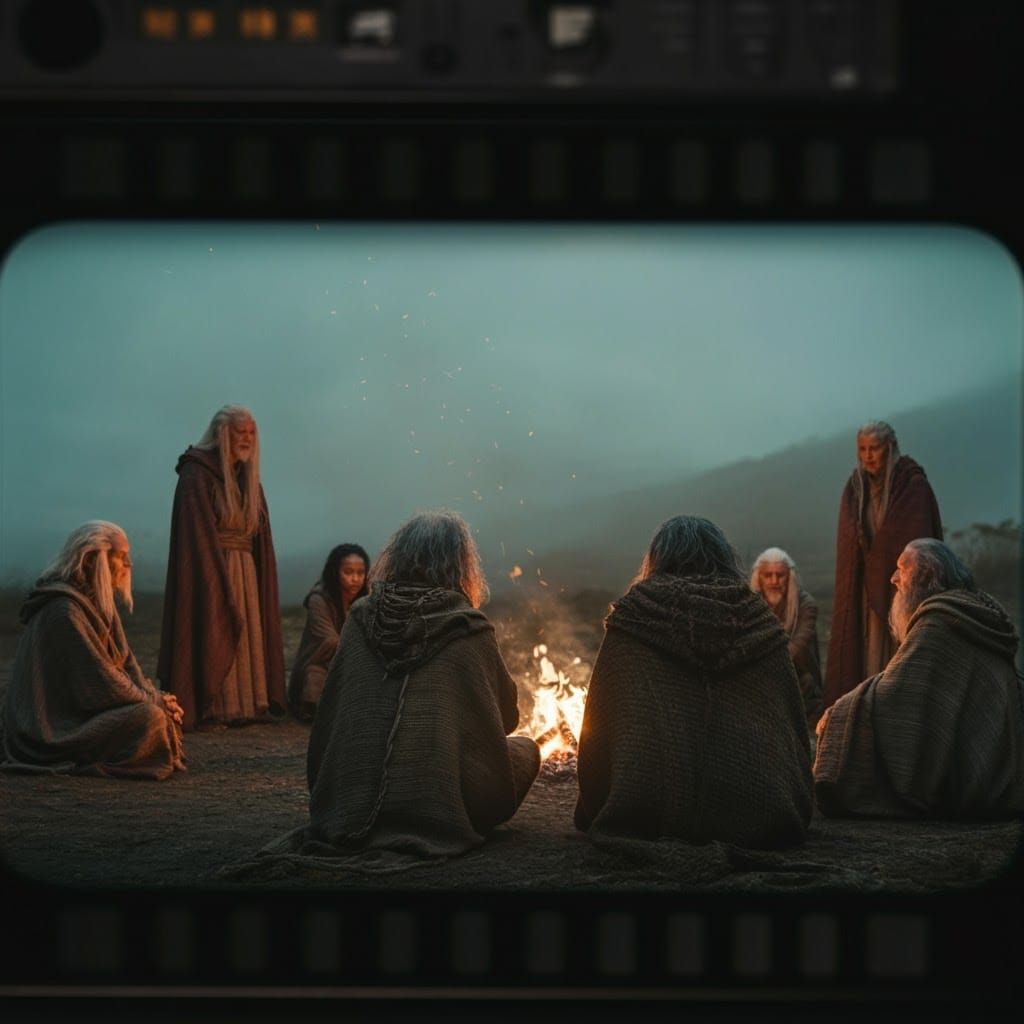 Ozorian People Gathered Around Fire in Cinematic Style