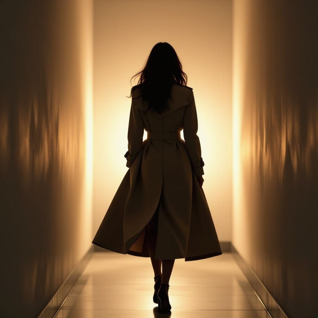 Cinematic Woman in Trench Coat Turning Corner