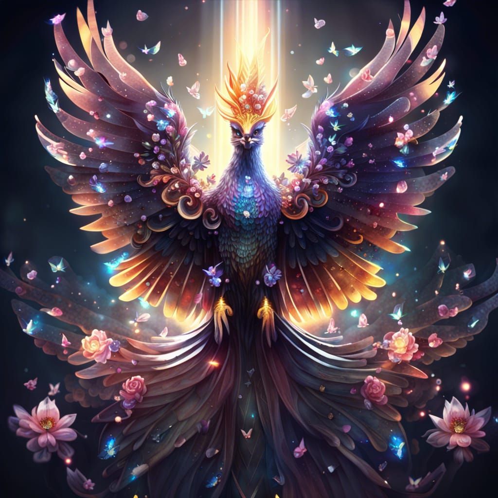 Cosmic Phoenix with Crystal Wings: Digital Art