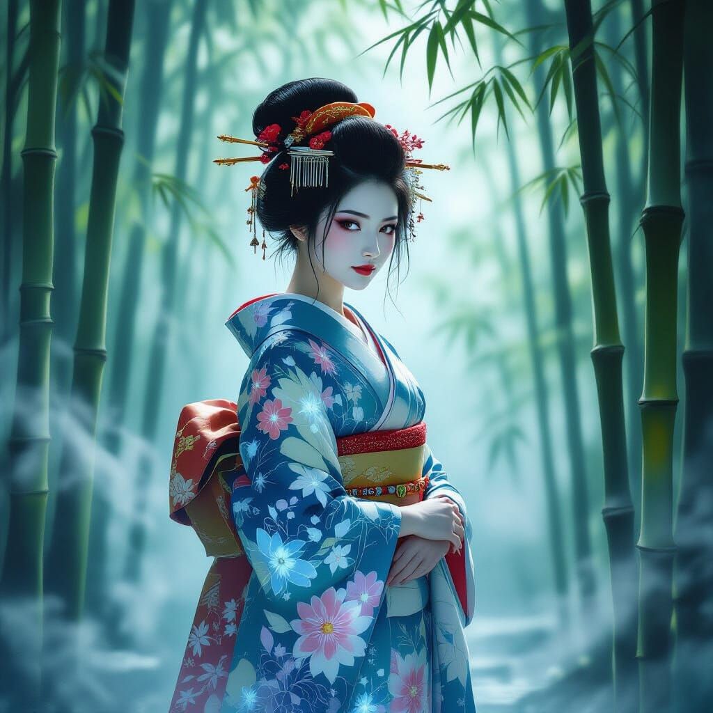 Ethereal Geisha in Bioluminescent Kimono, Watercolor Style