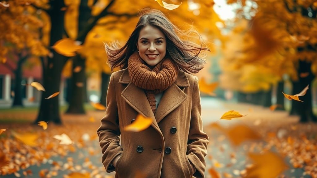 Autumnal Woman in Windy Park: Cinematic Style