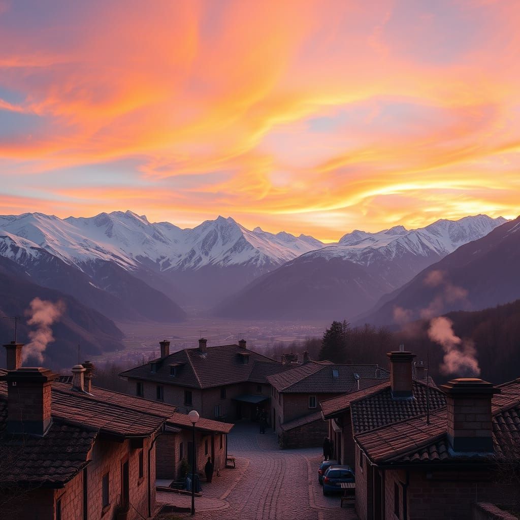 Majestic Mountain Landscape with Rustic Village at Sunset