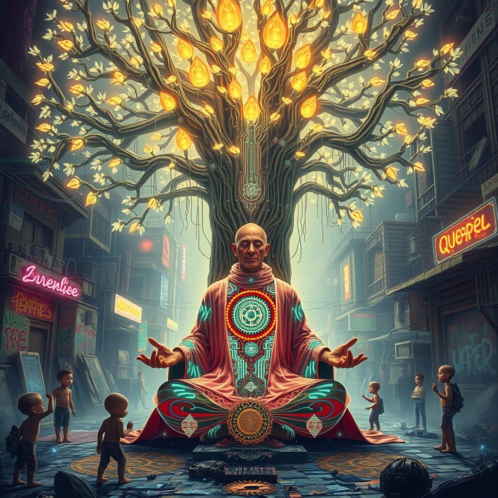 Cybernetic Monk Meditates Under Holographic Tree in Slum