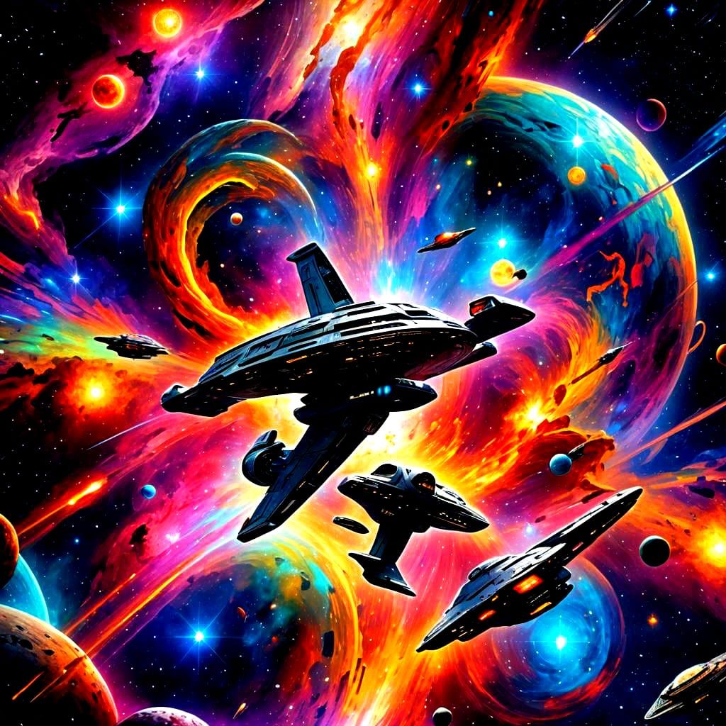 Cosmic Galaxy with Star Trek Spaceship in Holographic Style
