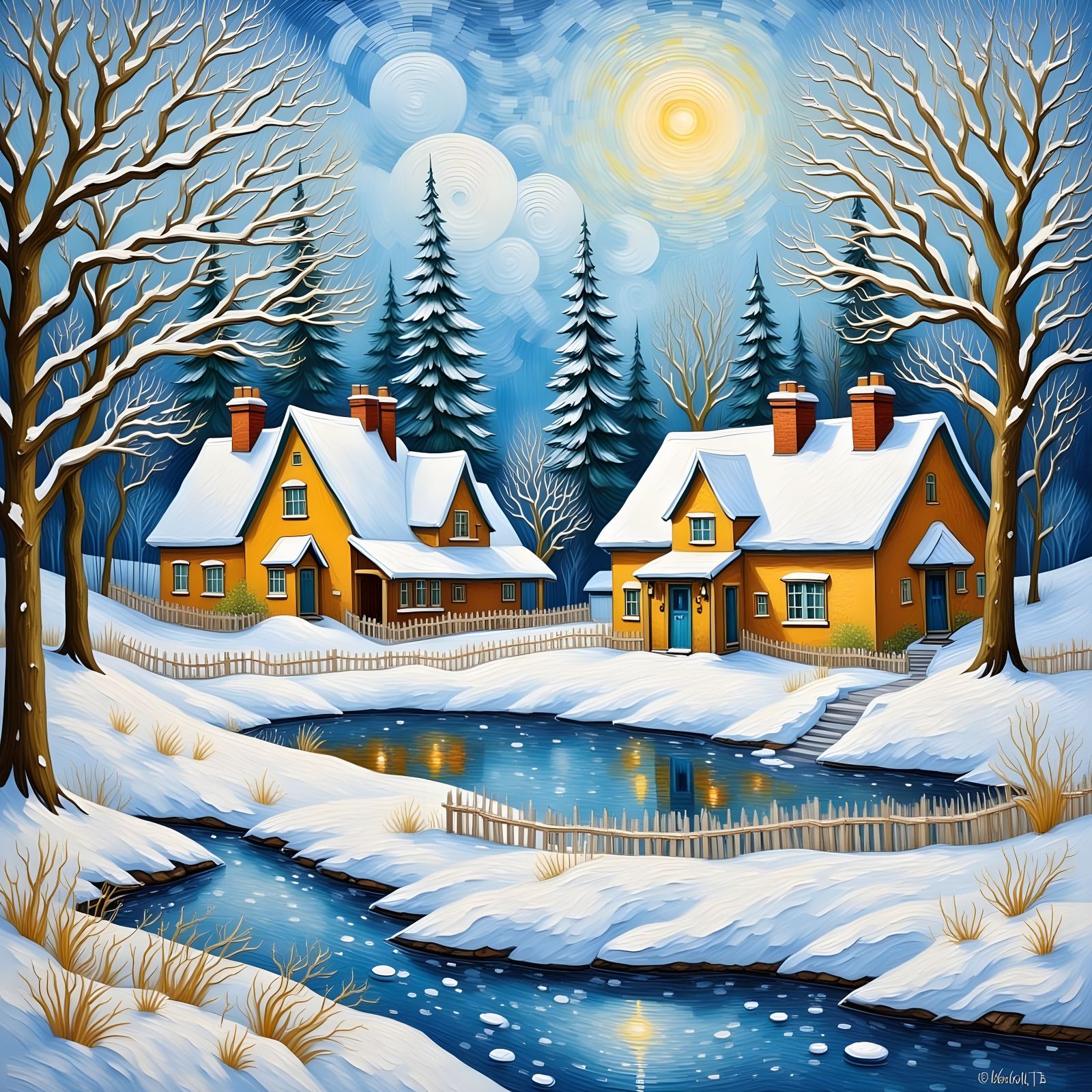 A beautiful painting of a whimsical winter wonderland..