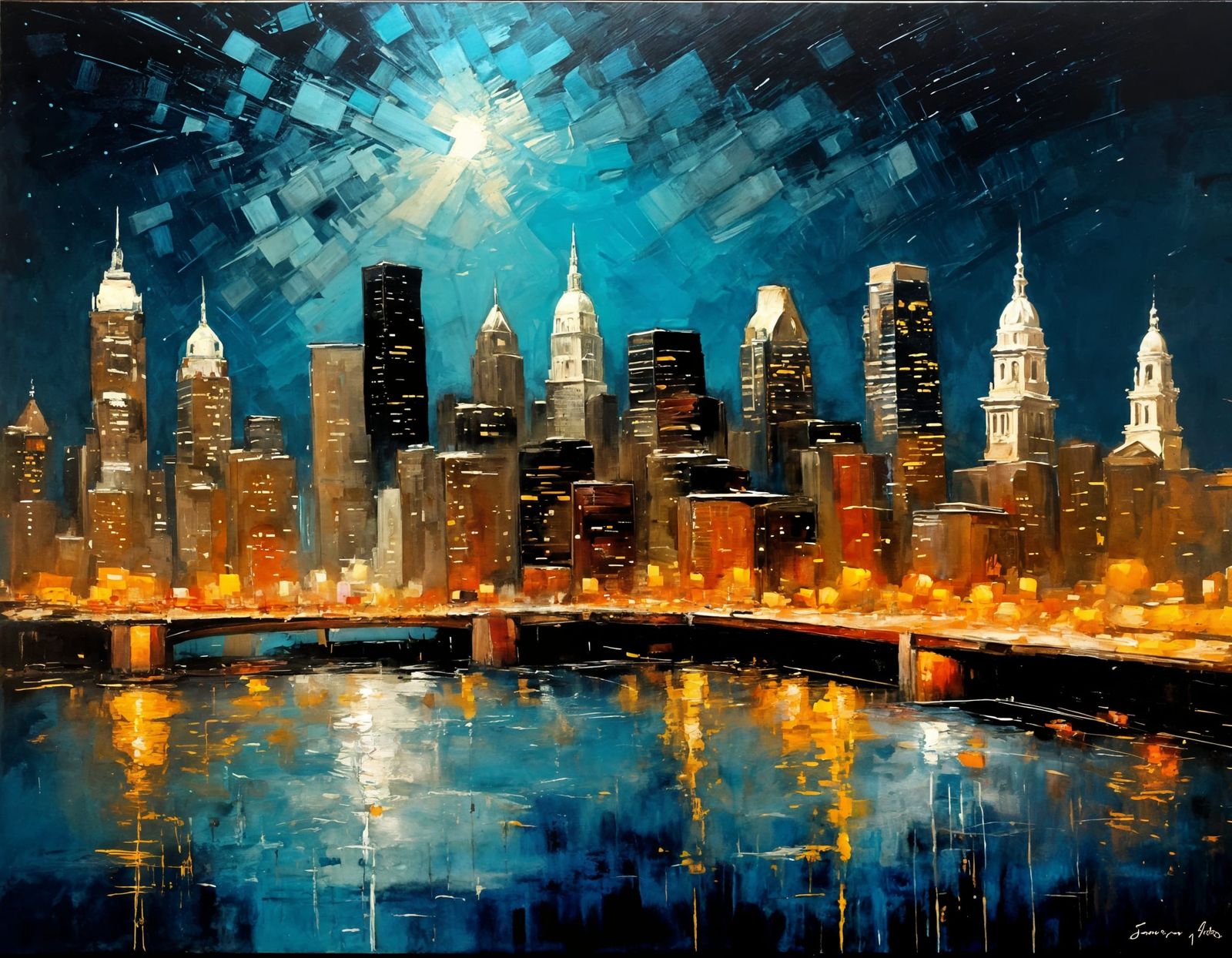 Philadelphia Night Skyline: Impasto Palette Knife Painting